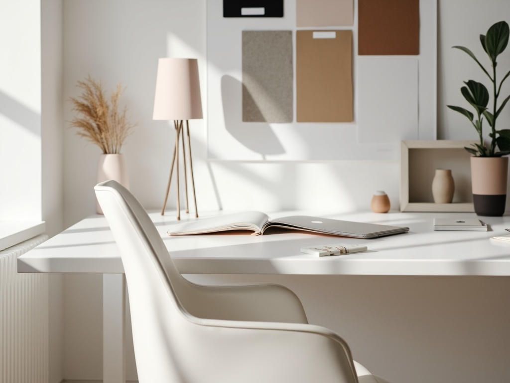 A modern, minimalist home office workspace with a sleek white desk and designer chair, featuring a mood board in the background.