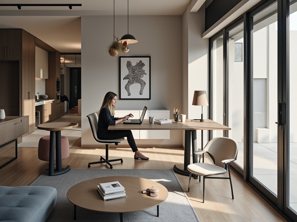 A modern home interior featuring a sleek living room with a designer using a tablet and a holographic projection of furniture arrangements.