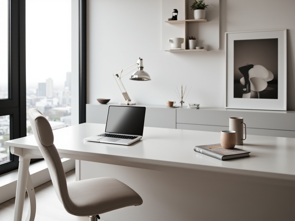 A modern, stylish home office interior featuring a MacBook on a minimalist desk, a designer coffee mug, and a sleek desk lamp under natural light with a cityscape view.