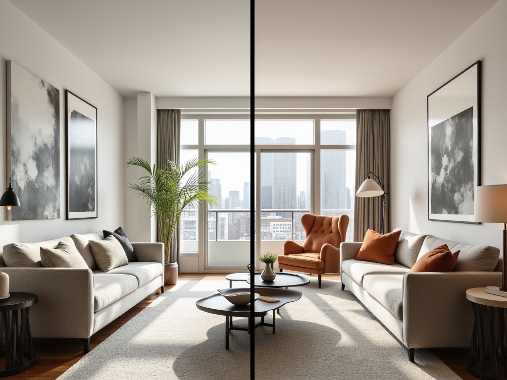 A split-screen interior shot showing a minimalist staged living room on the left and a personalized, lived-in design on the right, both with dramatic natural lighting.