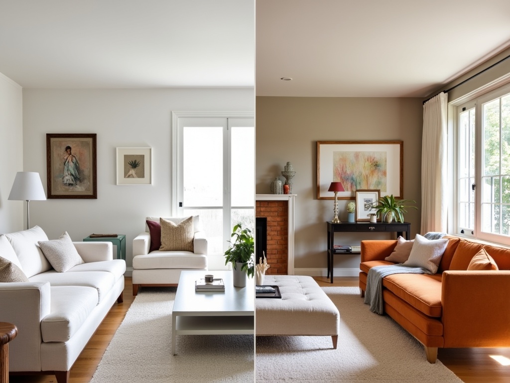 A split-screen photograph of a modern living room showcasing two distinct styles.