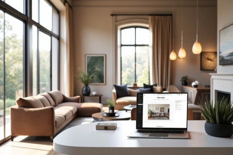 A photorealistic modern living room with natural light, showcasing a sleek laptop and blend of traditional and contemporary design.