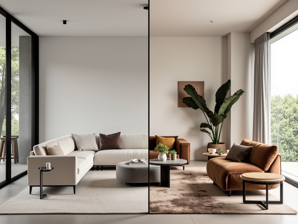 A split-screen comparison of a modern living room, showing one half with rental furniture and basic decor, and the other half with luxurious custom furniture and rich textures.