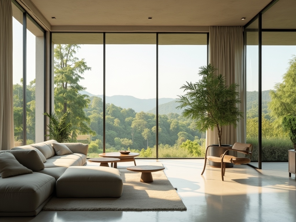 A modern, minimalist living room interior with large windows overlooking a lush, green outdoor landscape.