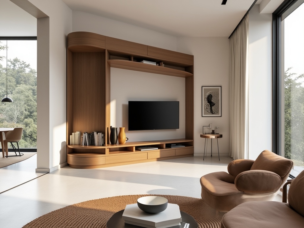 A modern, minimalist living room featuring a custom furniture piece that complements a corner space.