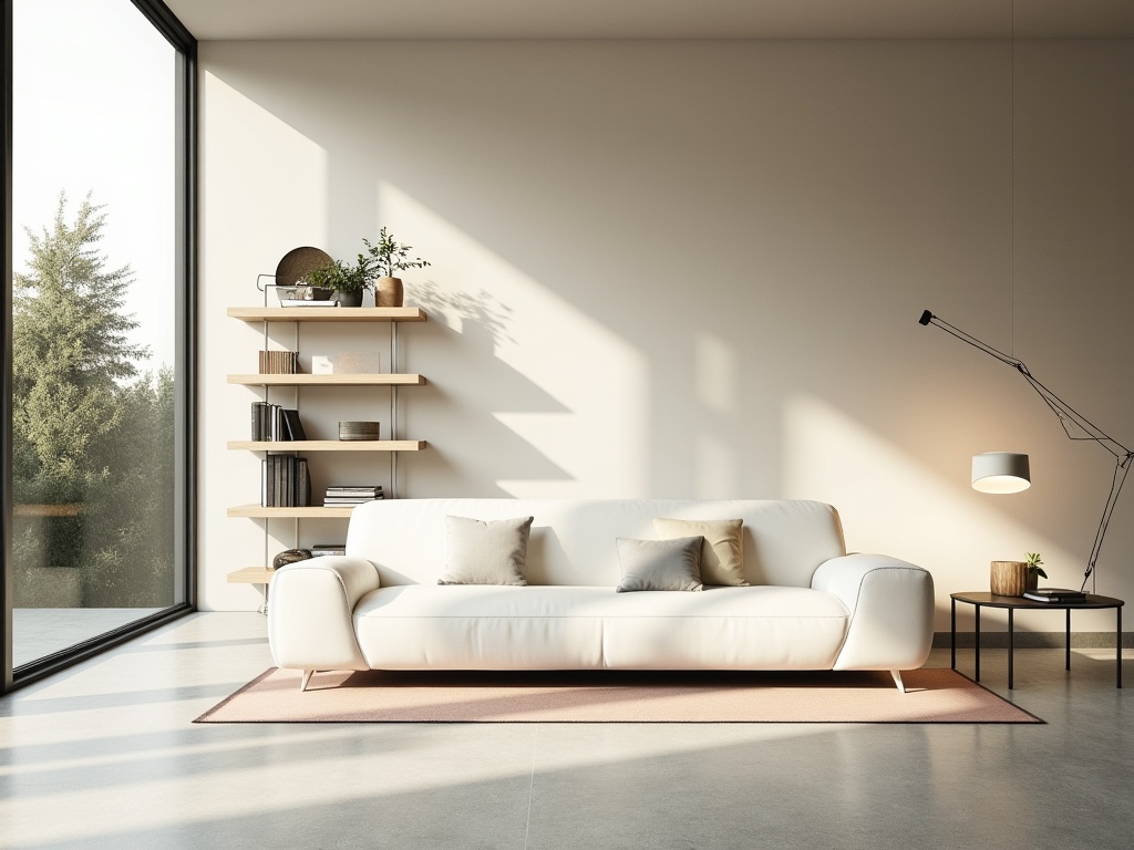 A modern, minimalist living room with natural sunlight, sleek white sofa, and holographic design variations.