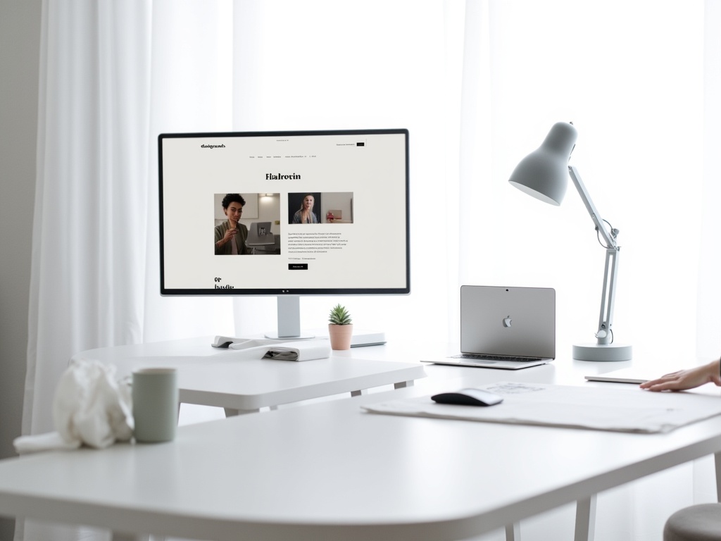 A professional photograph of a minimalist workspace setup for a modern web developer, featuring a sleek desk, high-end monitor, MacBook Pro, and smartphone against a bright background.