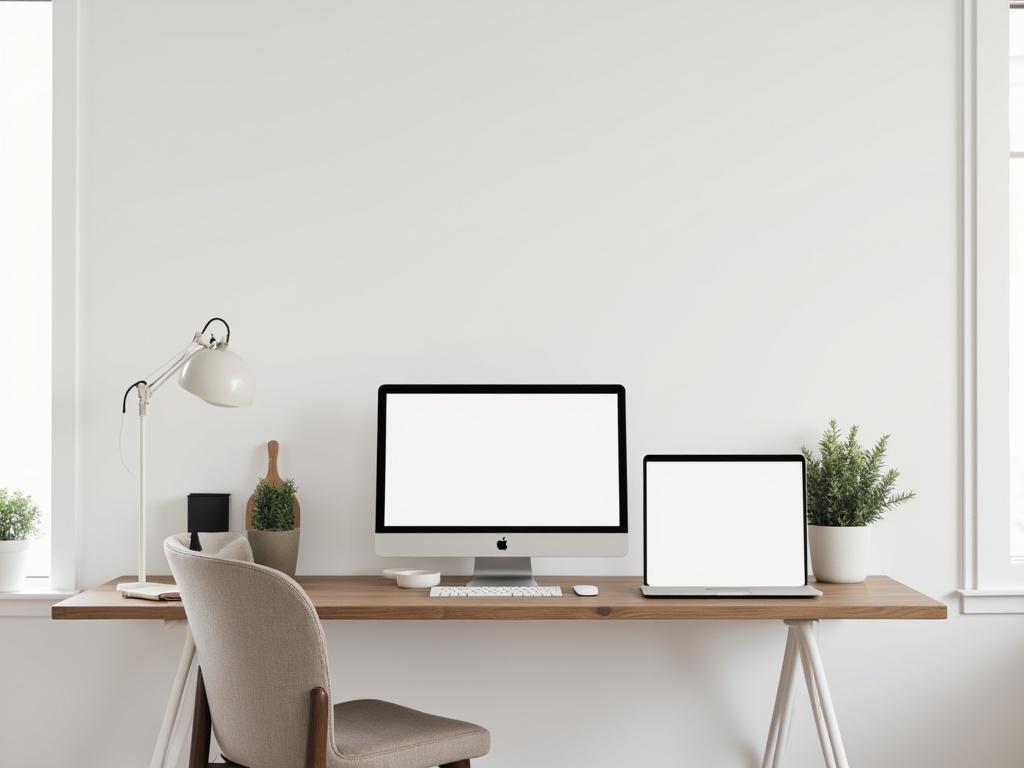 A clean, modern workspace with a minimalist aesthetic featuring a laptop, office supplies, and a potted plant.