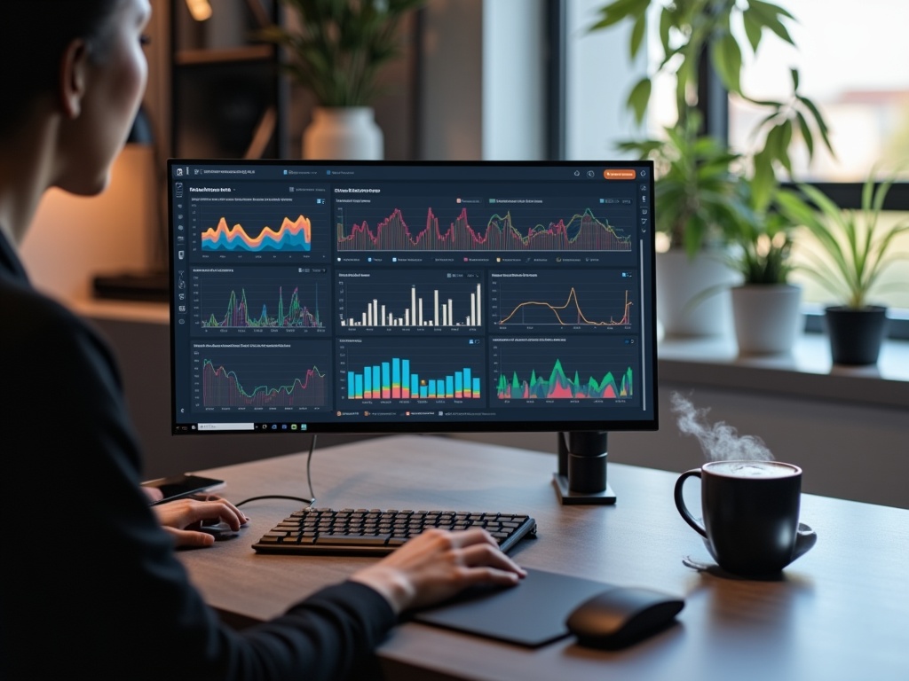 A sleek modern workspace with a glowing computer screen displaying colorful data analytics graphs and a steaming cup of artisanal coffee nearby.