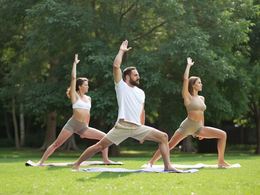 Three individuals stretching on yoga mats in a green park.