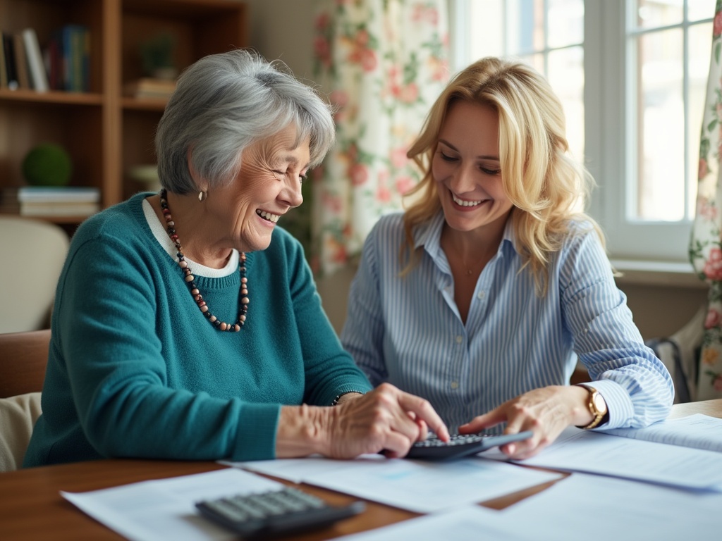 An elderly woman signs a document with assistance from a younger woman.