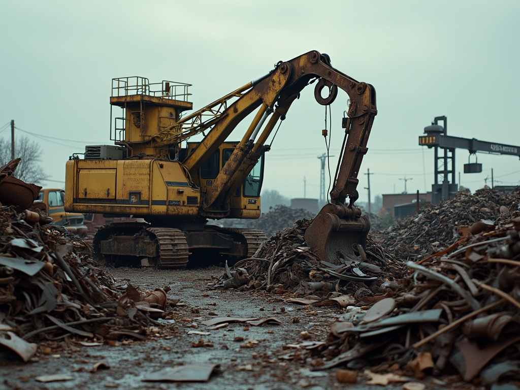 A mechanical claw poised above a large pile of scrap metal.