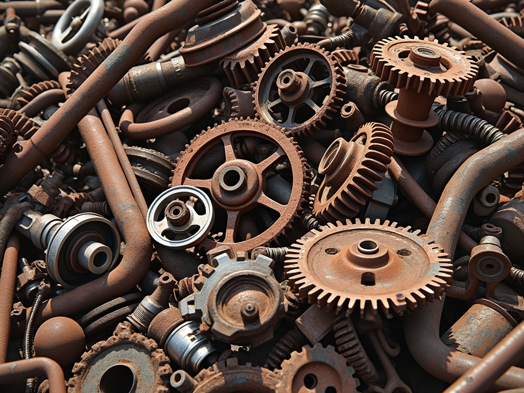 Various scrap metal pieces including gears and springs showing rust.