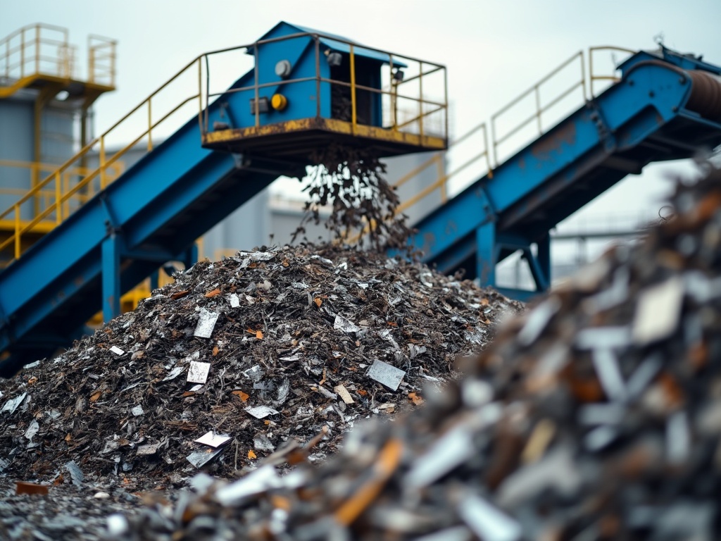 A large mountain of crushed metal scrap at a recycling facility.