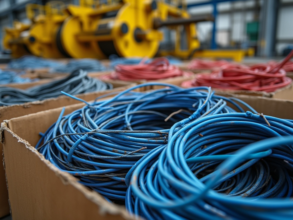 Several cardboard boxes filled with coiled wires of various colors.