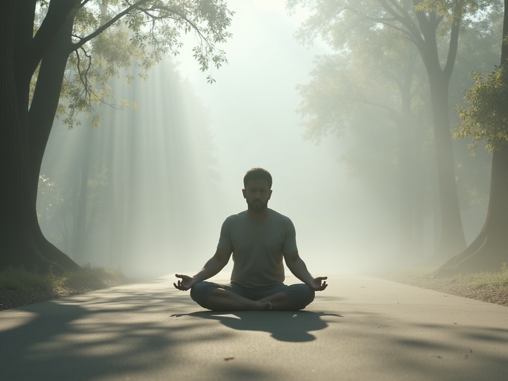 A person practicing deep breathing or meditation techniques in a calm, natural setting, conveying inner peace.