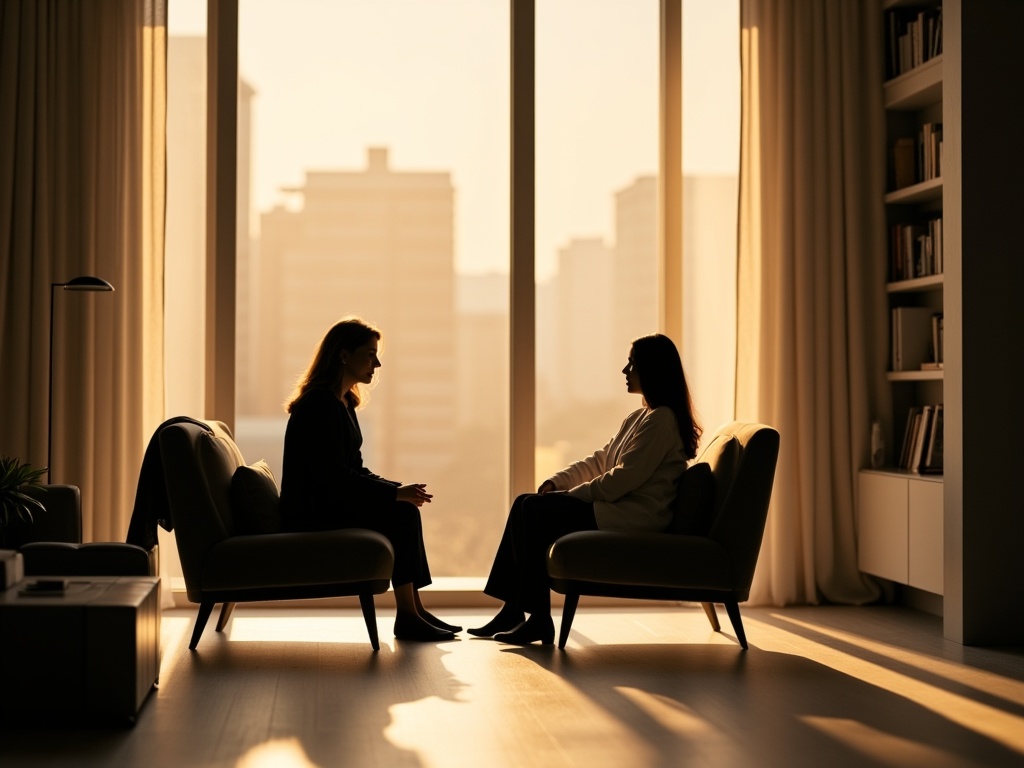 Two silhouetted figures in a minimalist living room engaged in an intimate conversation.