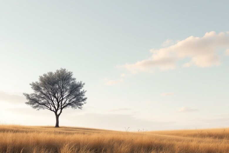 A serene landscape with a single tree silhouetted against a minimalist sky.