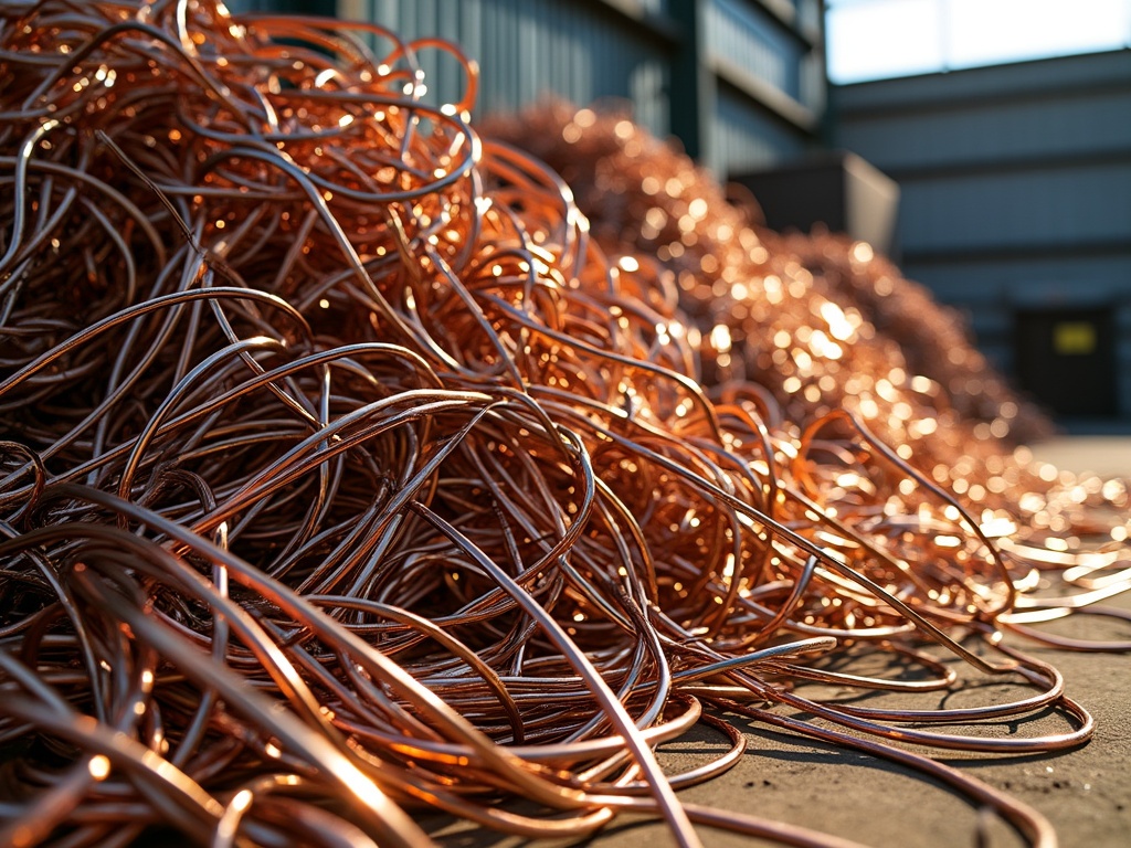 A large pile of shiny copper wire illuminated by natural light.