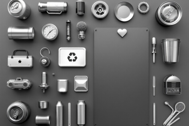 A variety of metal objects in shades of silver, gray, and black arranged in a minimalist layout, conveying sustainability and proper metal waste management.