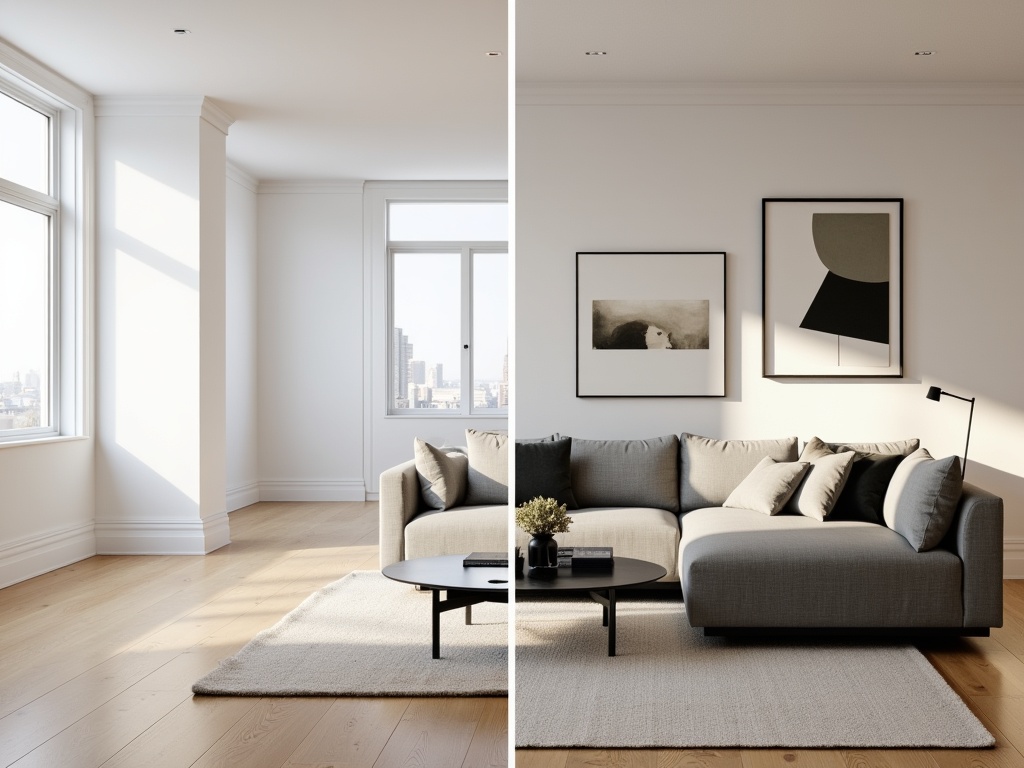 A professional photorealistic split-screen interior image of a modern living room with one side empty and the other beautifully furnished.