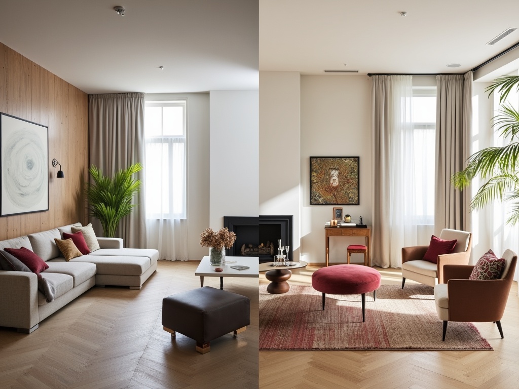 A split-screen image showing a minimalist living room on the left and a vibrant, personalized living space on the right.