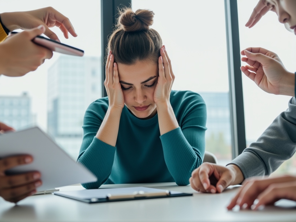 A stressed woman holding her head in frustration in a busy office.