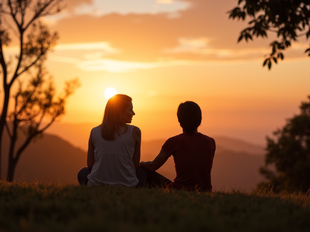 Two people relaxing together outside during a sunset