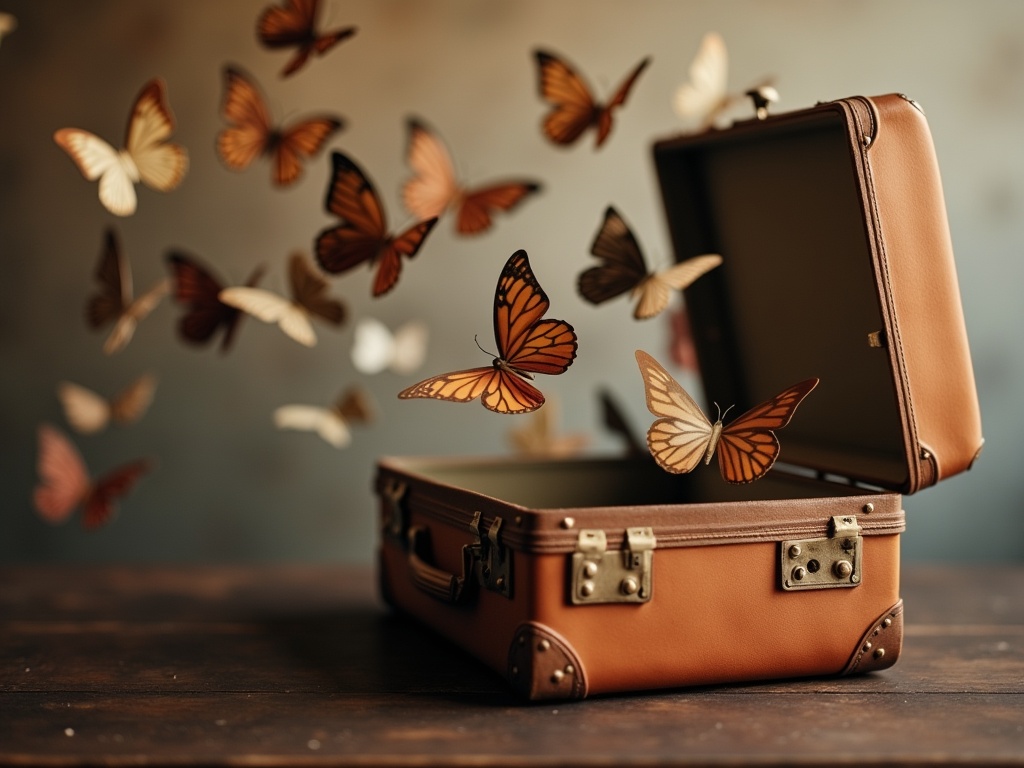 A half-opened vintage leather suitcase with paper butterflies emerging in warm lighting.