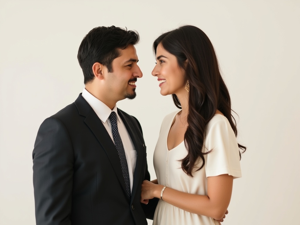 A well-dressed couple standing together, gazing at each other intently.