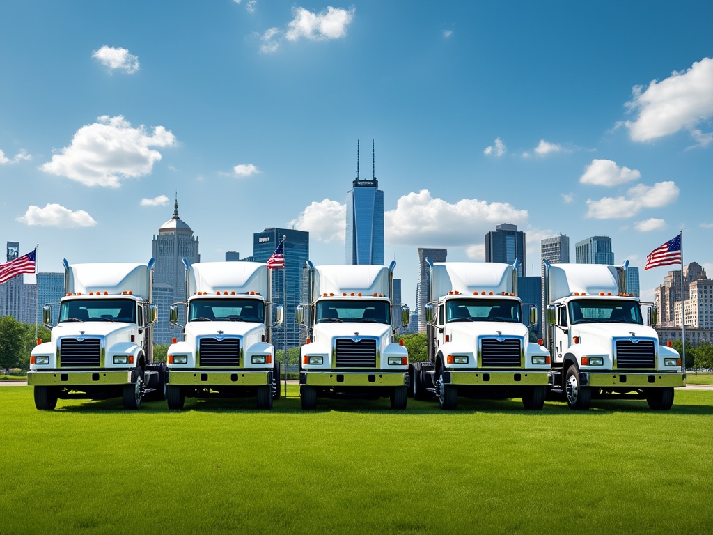 Several white MACK trucks on green grass with city skyline in background.