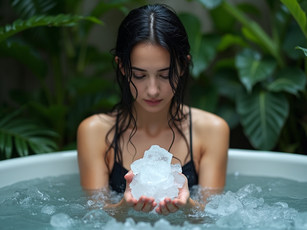 A woman sits in a cold plunge therapy tub, holding ice in her hands.